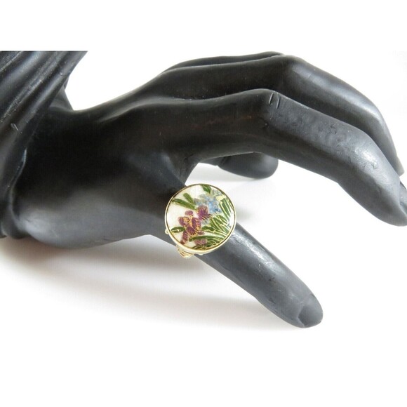 Antique Style Japanese Satsuma Iris Flower Ring Gilt Sterling Size 6.5 - Picture 1 of 9
